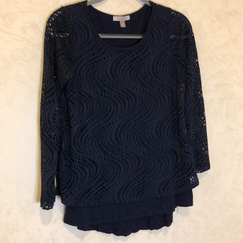 Roz & Ali Navy Patterned Overlay Long Sleeve Blouse Size Small Petite